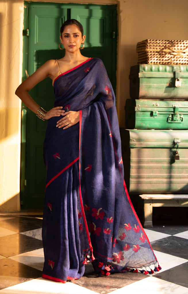 Hibiscus On a Royal Blue Linen Sraee