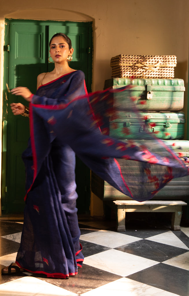 Hibiscus On a Royal Blue Linen Sraee