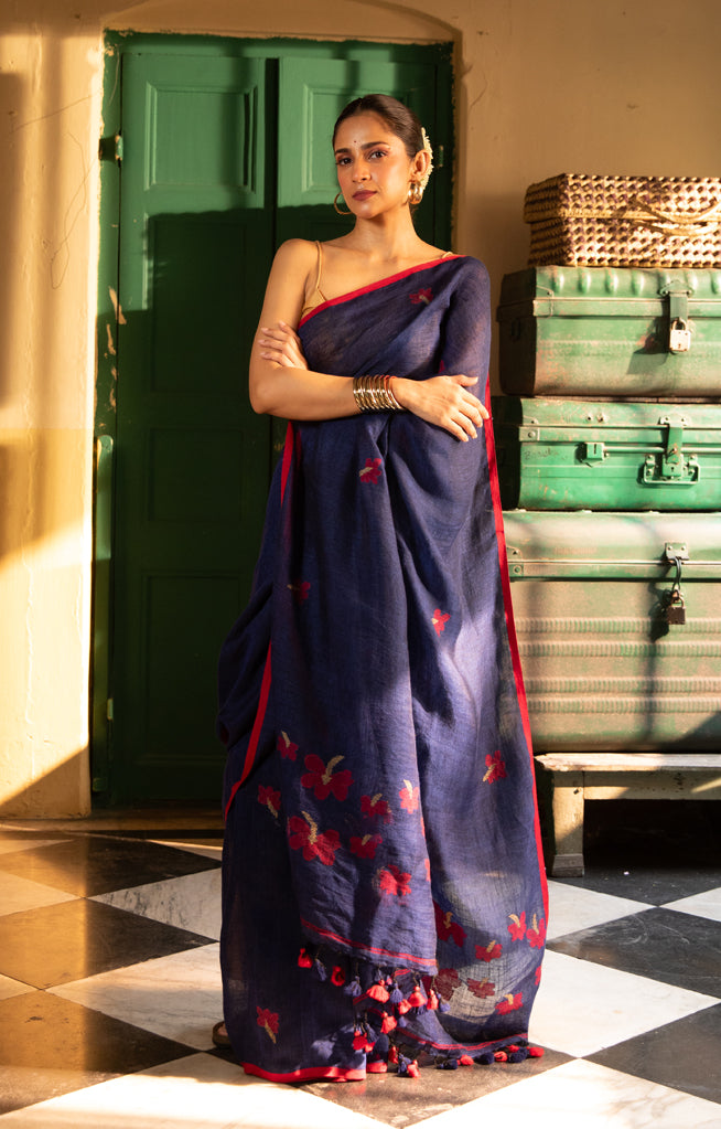 Hibiscus On a Royal Blue Linen Sraee