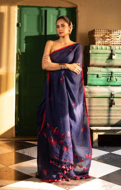Hibiscus On a Royal Blue Linen Sraee