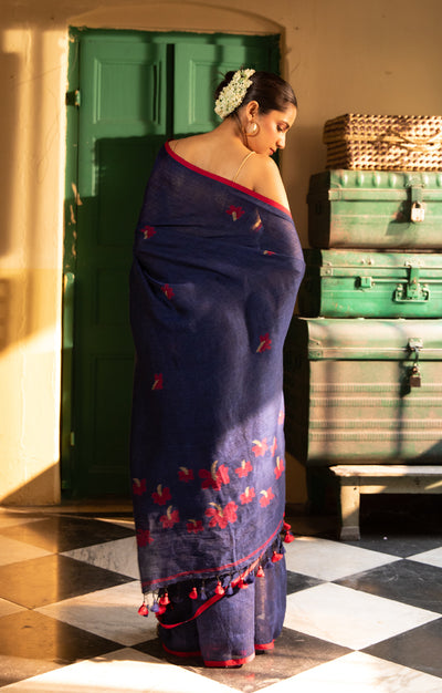 Hibiscus On a Royal Blue Linen Sraee