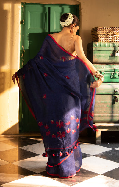 Hibiscus On a Royal Blue Linen Sraee