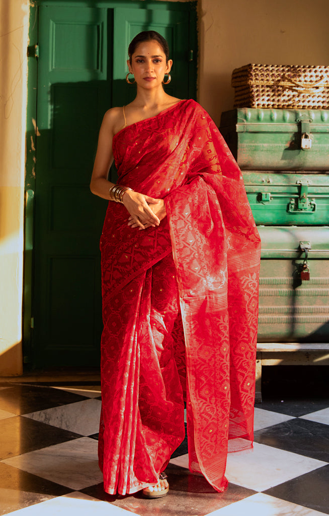 Scarlet Red Saree With Woven Jamdani Geometric Design