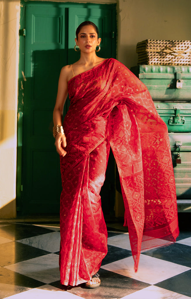 Scarlet Red Saree With Woven Jamdani Geometric Design