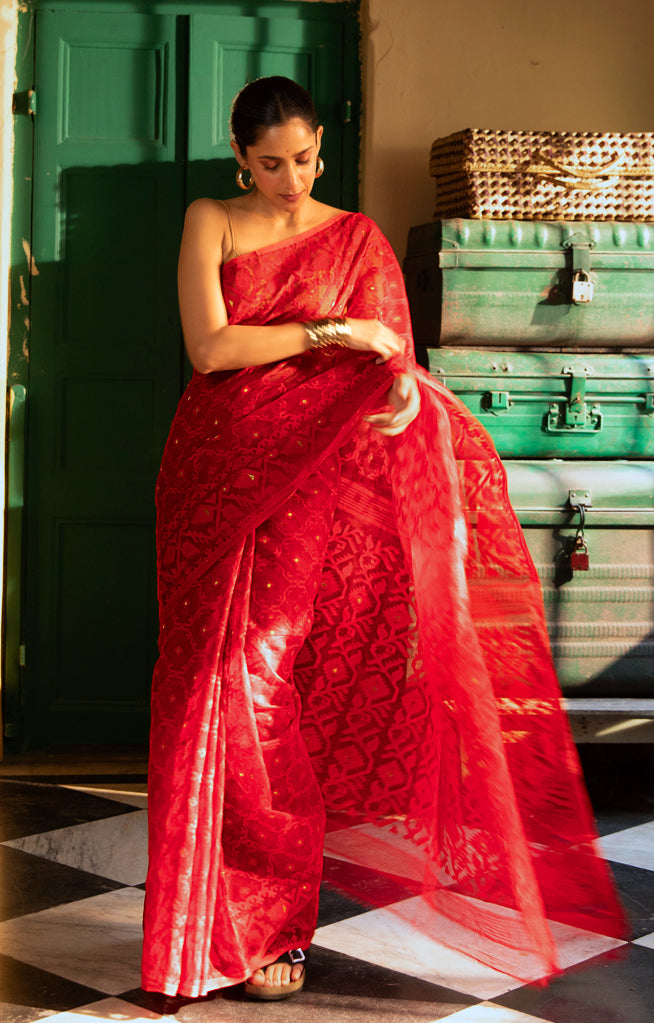Scarlet Red Saree With Woven Jamdani Geometric Design