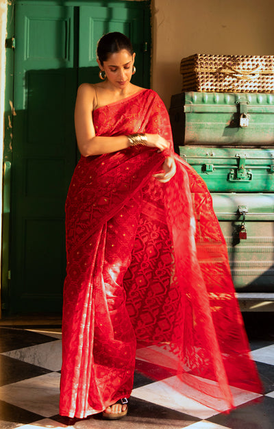 Scarlet Red Saree With Woven Jamdani Geometric Design