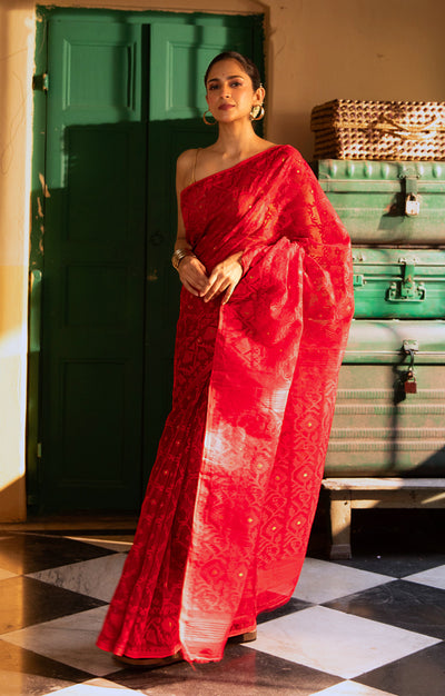 Scarlet Red Saree With Woven Jamdani Geometric Design