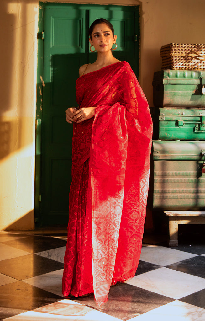 Scarlet Red Saree With Woven Jamdani Geometric Design