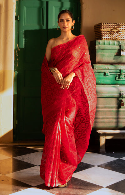 Scarlet Red Saree With Woven Jamdani Geometric Design