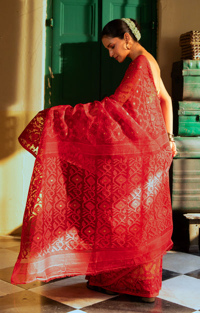 Scarlet Red Saree With Woven Jamdani Geometric Design