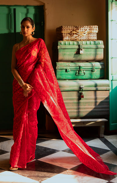 Scarlet Red Saree With Woven Jamdani Geometric Design