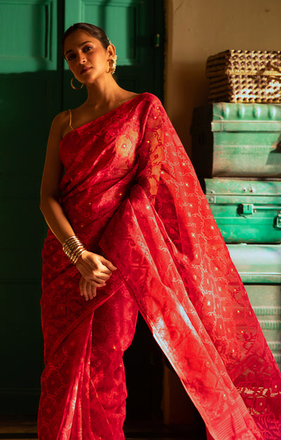 Scarlet Red Saree With Woven Jamdani Geometric Design