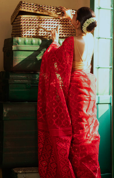 Scarlet Red Saree With Woven Jamdani Geometric Design