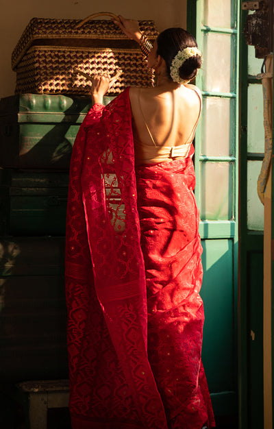 Scarlet Red Saree With Woven Jamdani Geometric Design