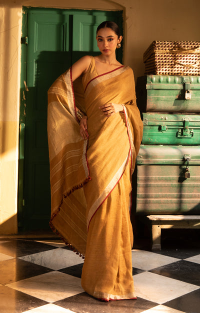 Goldenrod Yellow Linen Saree With Multi Coloured Woven Border