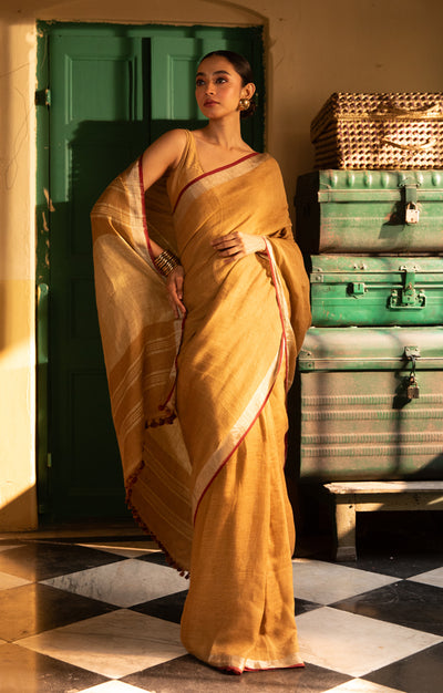 Goldenrod Yellow Linen Saree With Multi Coloured Woven Border