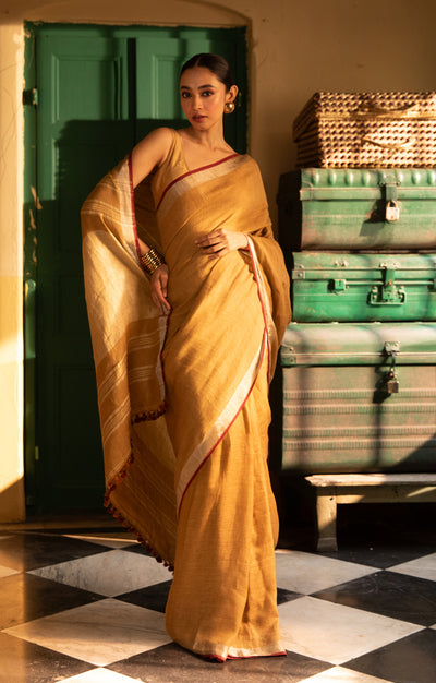 Goldenrod Yellow Linen Saree With Multi Coloured Woven Border