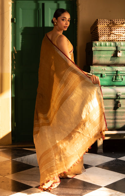 Goldenrod Yellow Linen Saree With Multi Coloured Woven Border