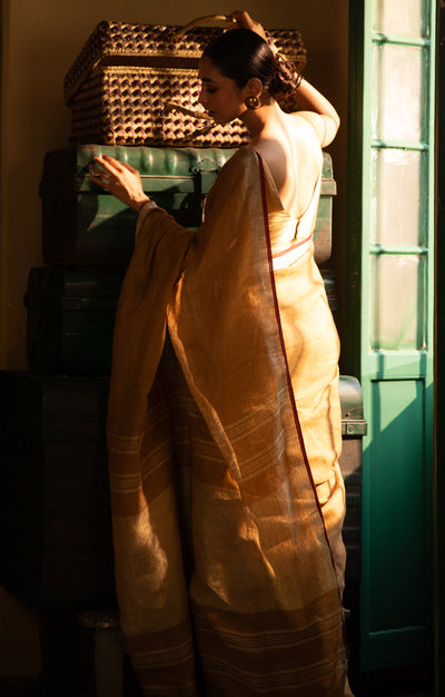 Goldenrod Yellow Linen Saree With Multi Coloured Woven Border