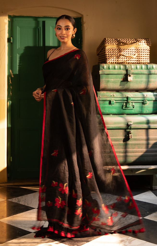 Hibiscus On a Black Linen Saree