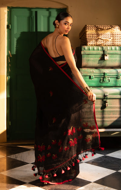Hibiscus On a Black Linen Saree
