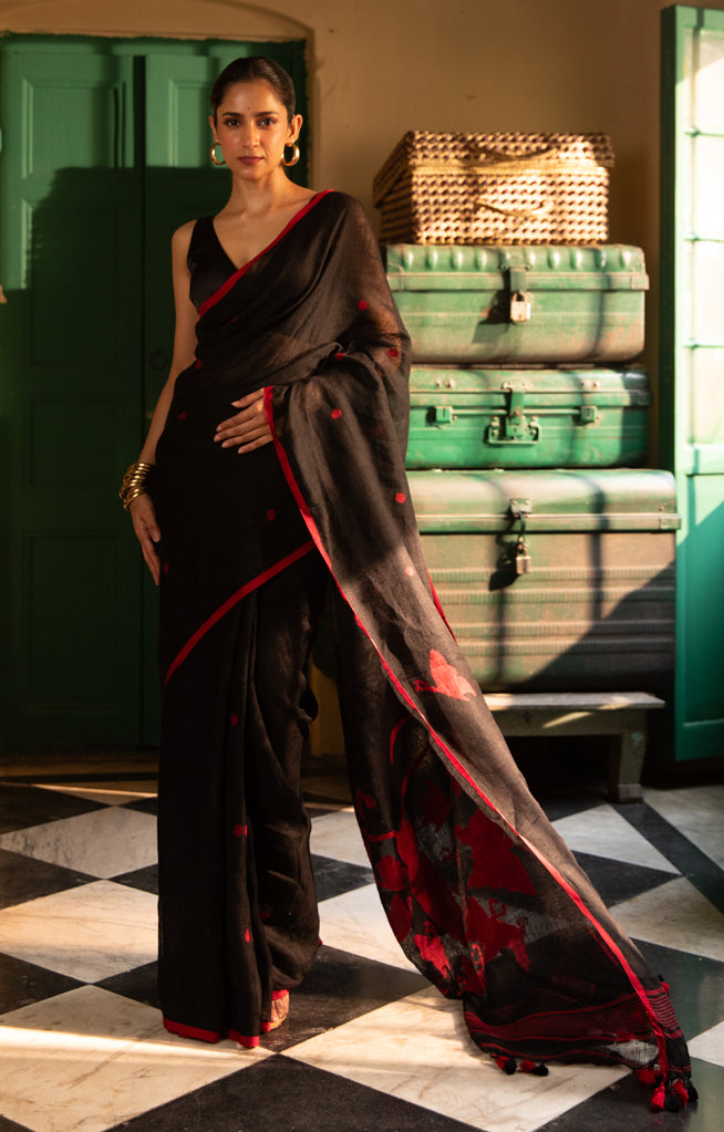 Butterflies On a Black Linen Saree