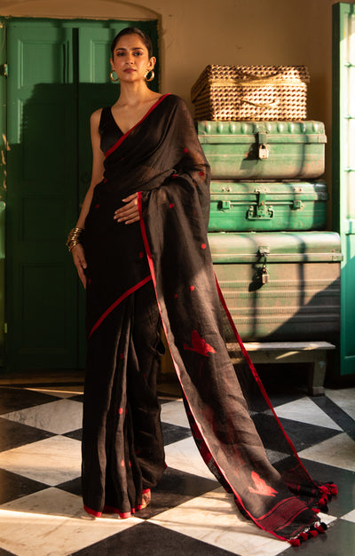 Butterflies On a Black Linen Saree