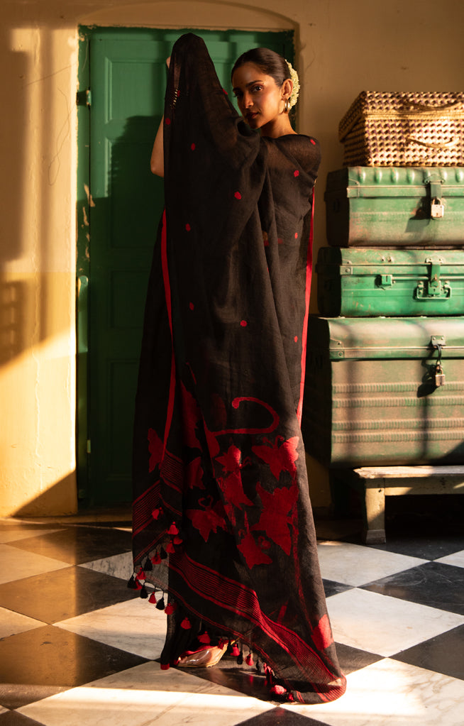 Butterflies On a Black Linen Saree