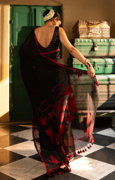 Butterflies On a Black Linen Saree
