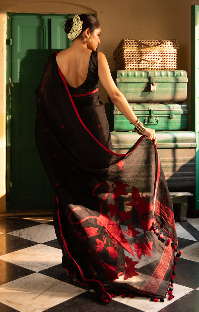Butterflies On a Black Linen Saree