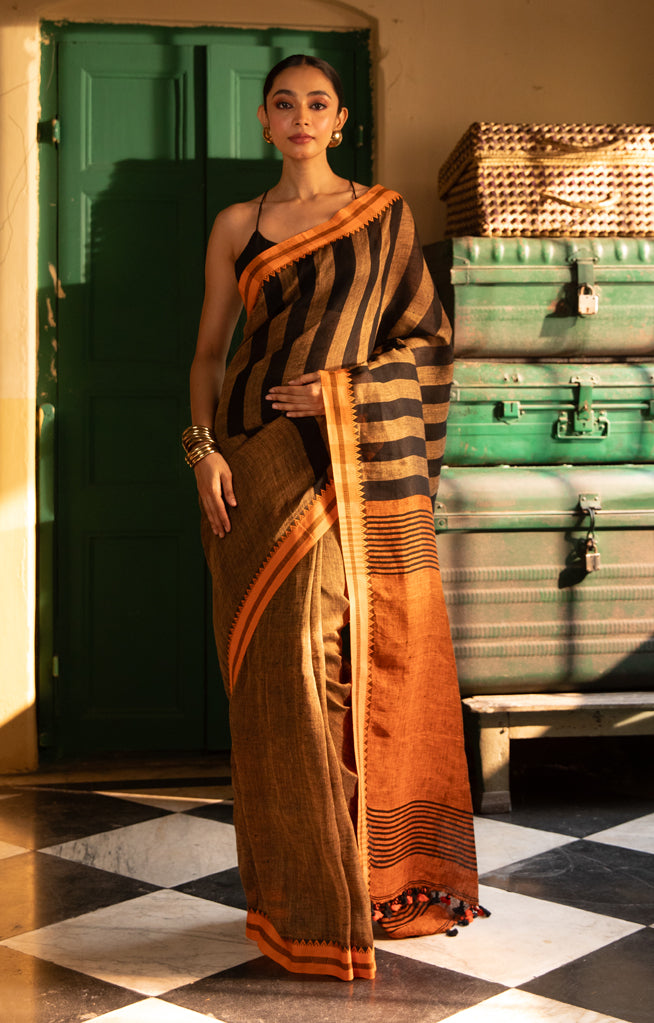 Cider Orange Linen Saree with Black Stripes