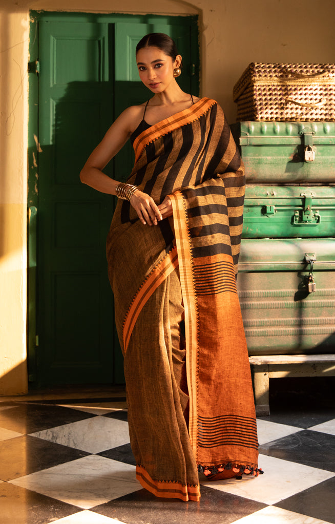Cider Orange Linen Saree with Black Stripes