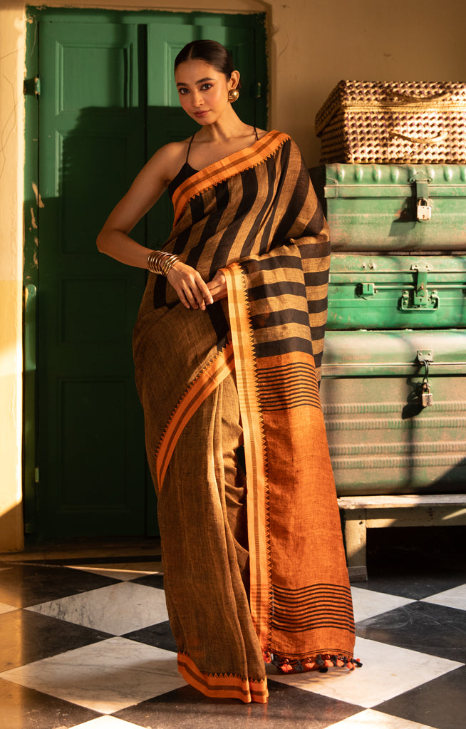 Cider Orange Linen Saree with Black Stripes