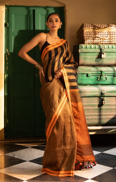 Cider Orange Linen Saree with Black Stripes