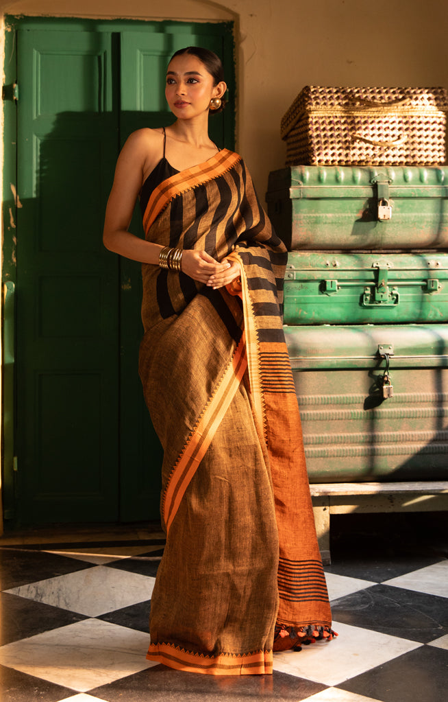 Cider Orange Linen Saree with Black Stripes