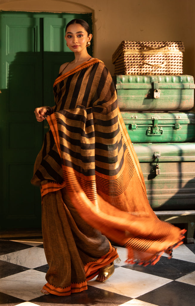 Cider Orange Linen Saree with Black Stripes