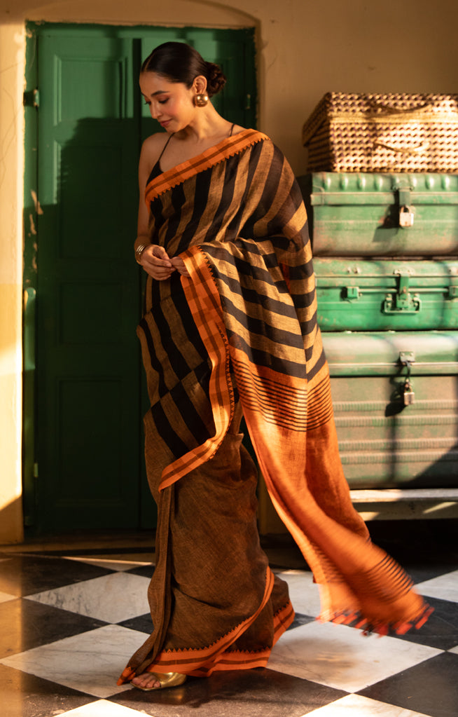 Cider Orange Linen Saree with Black Stripes