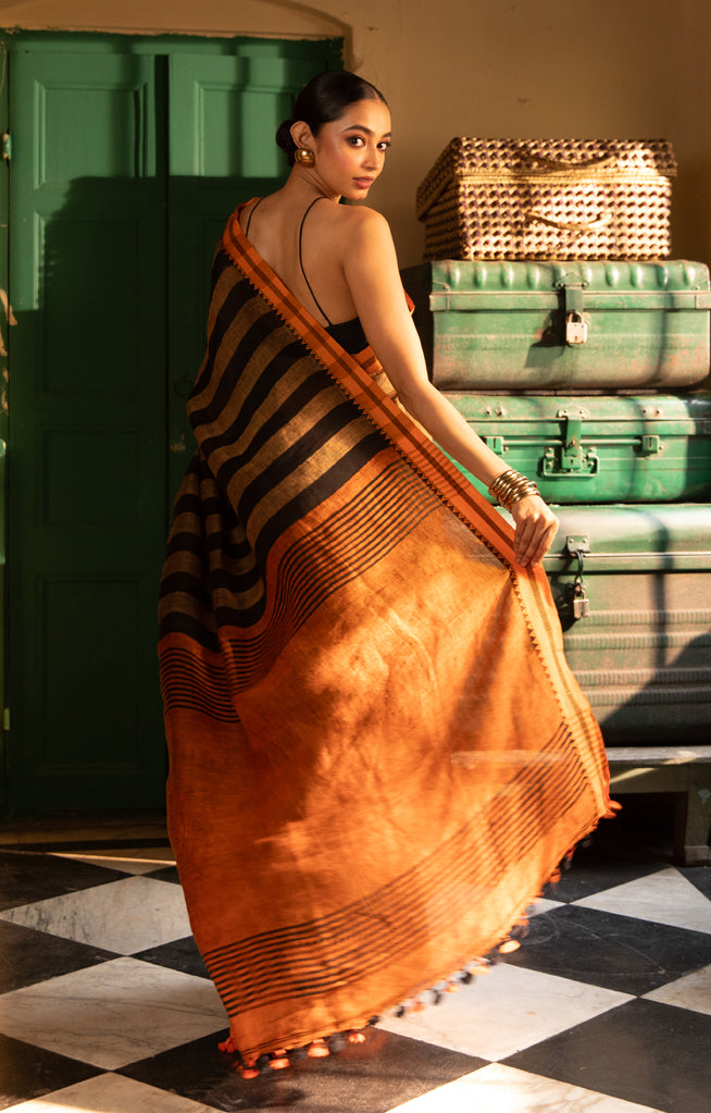 Cider Orange Linen Saree with Black Stripes