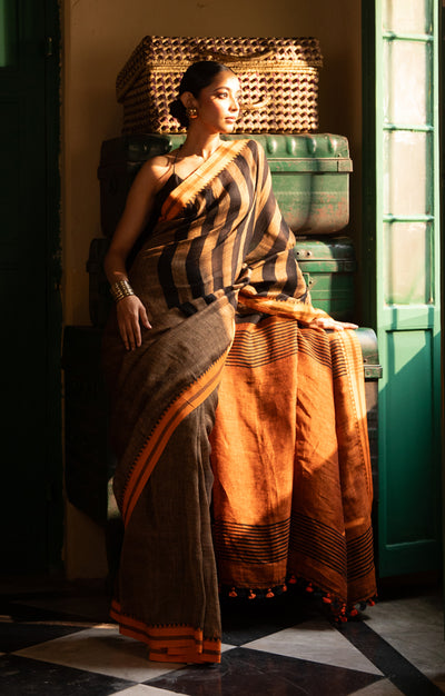 Cider Orange Linen Saree with Black Stripes