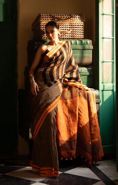 Cider Orange Linen Saree with Black Stripes