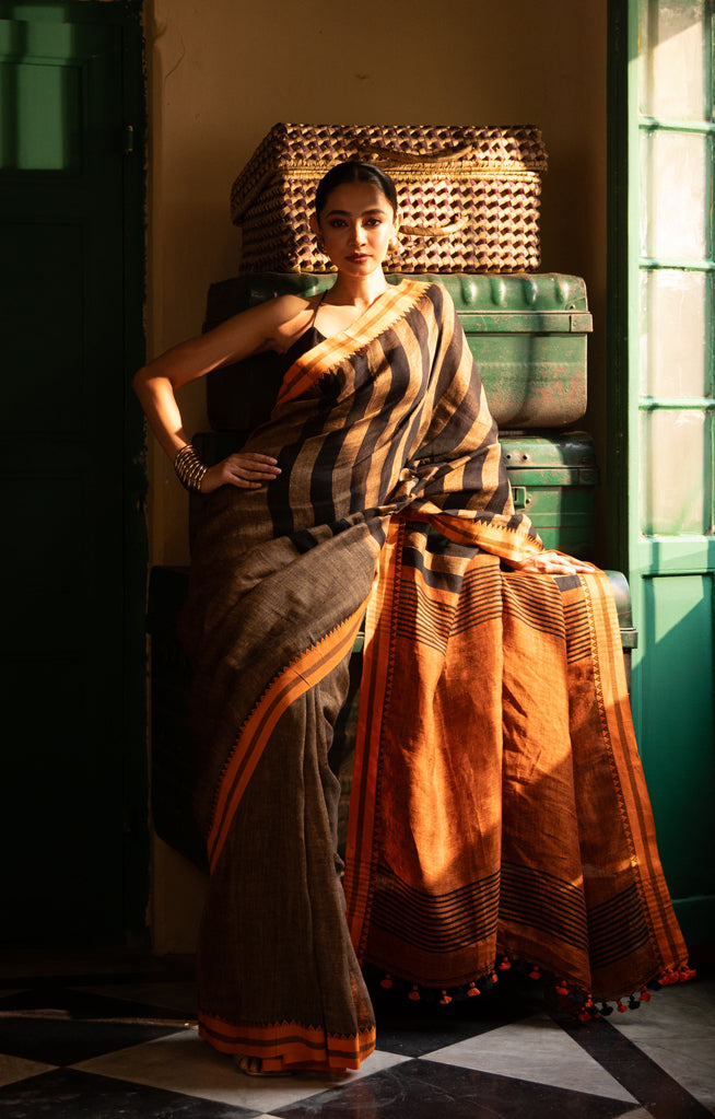 Cider Orange Linen Saree with Black Stripes