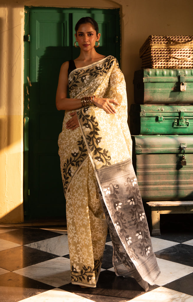 Ivory White Jamdani Saree with Striking Flower Vine Woven Design in Black