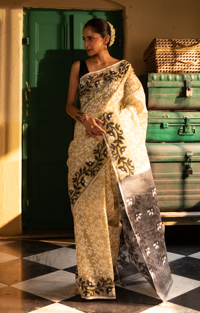 Ivory White Jamdani Saree with Striking Flower Vine Woven Design in Black