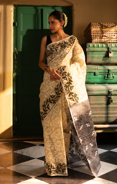 Ivory White Jamdani Saree with Striking Flower Vine Woven Design in Black