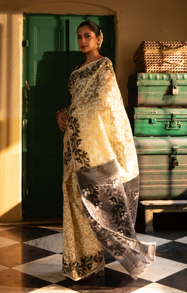 Ivory White Jamdani Saree with Striking Flower Vine Woven Design in Black