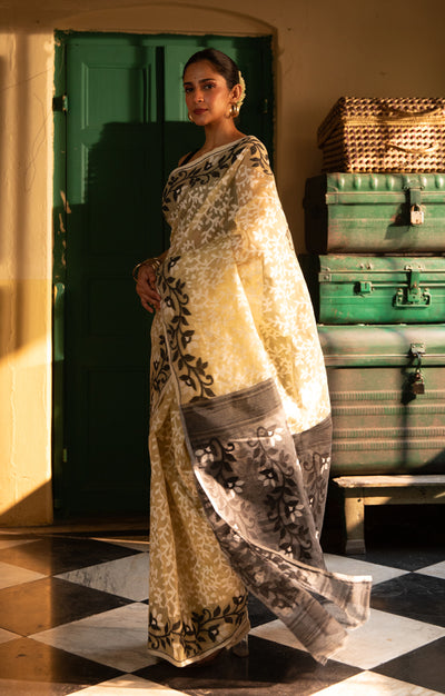 Ivory White Jamdani Saree with Striking Flower Vine Woven Design in Black