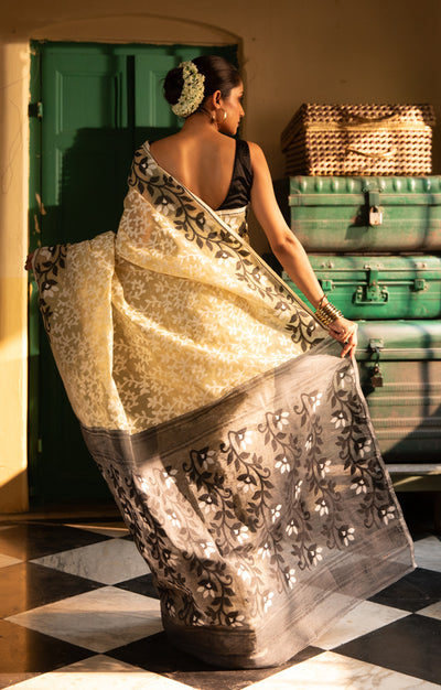 Ivory White Jamdani Saree with Striking Flower Vine Woven Design in Black