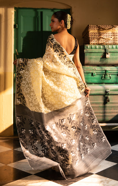 Ivory White Jamdani Saree with Striking Flower Vine Woven Design in Black
