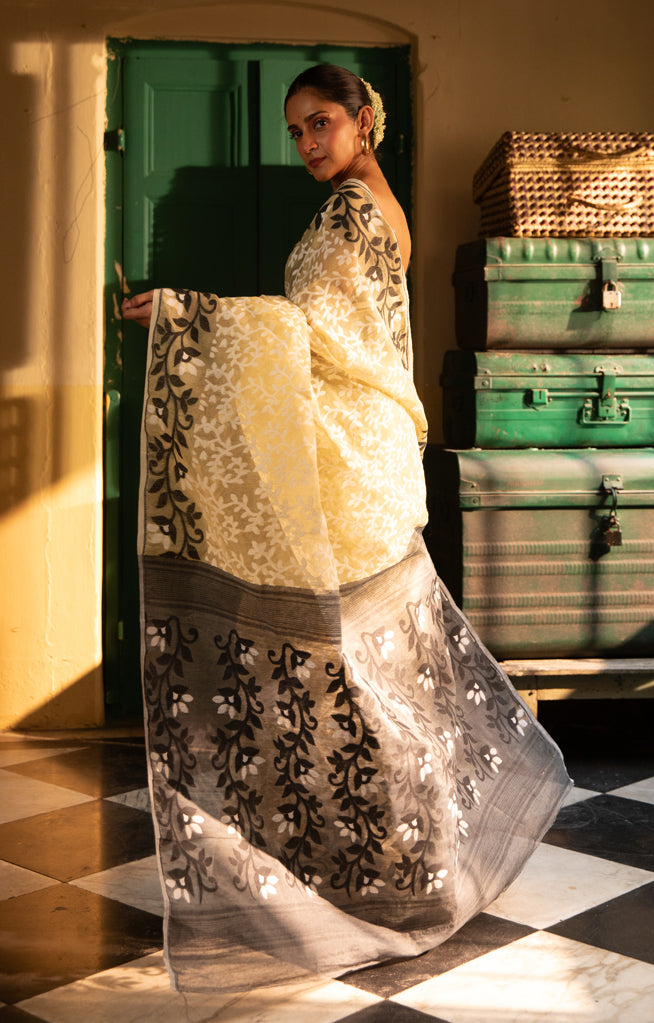 Ivory White Jamdani Saree with Striking Flower Vine Woven Design in Black
