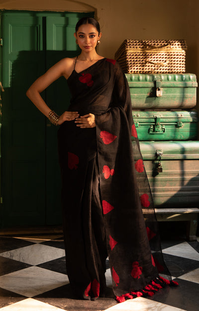 Stunning Black linen Saree With 'Tash' Jamdani Work In Red